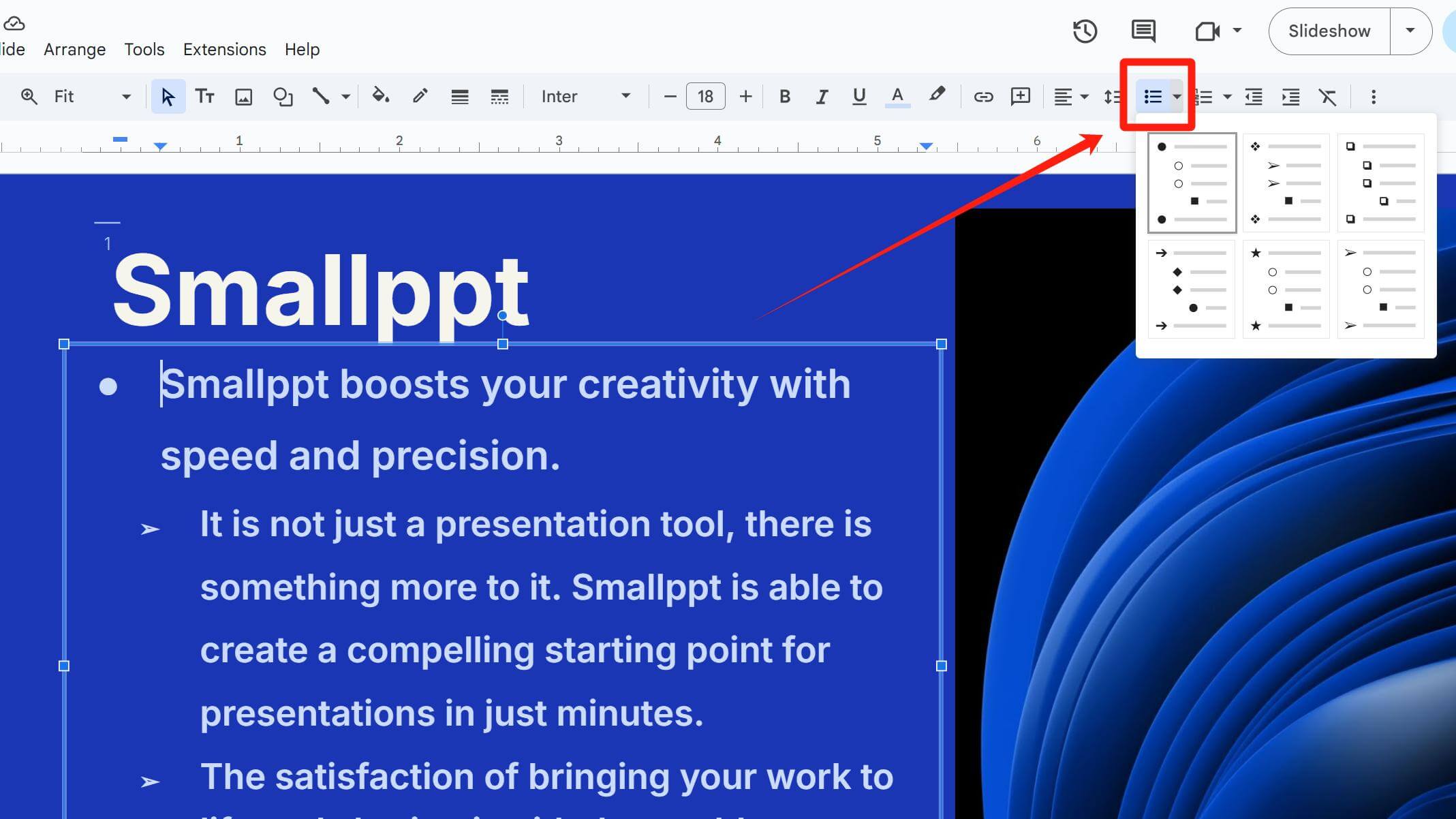Make a Bullet Point on Google Slides