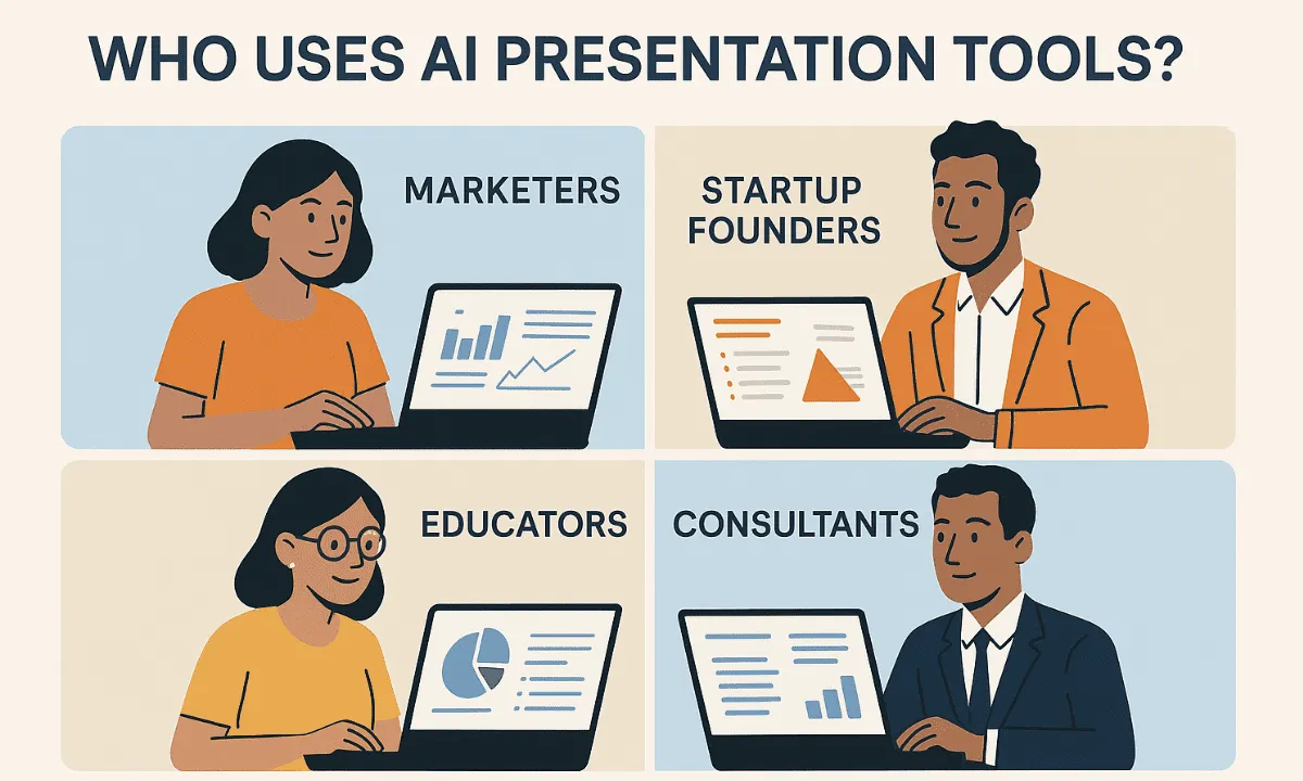 Profesionales utilizando herramientas de IA para crear diapositivas de presentación.