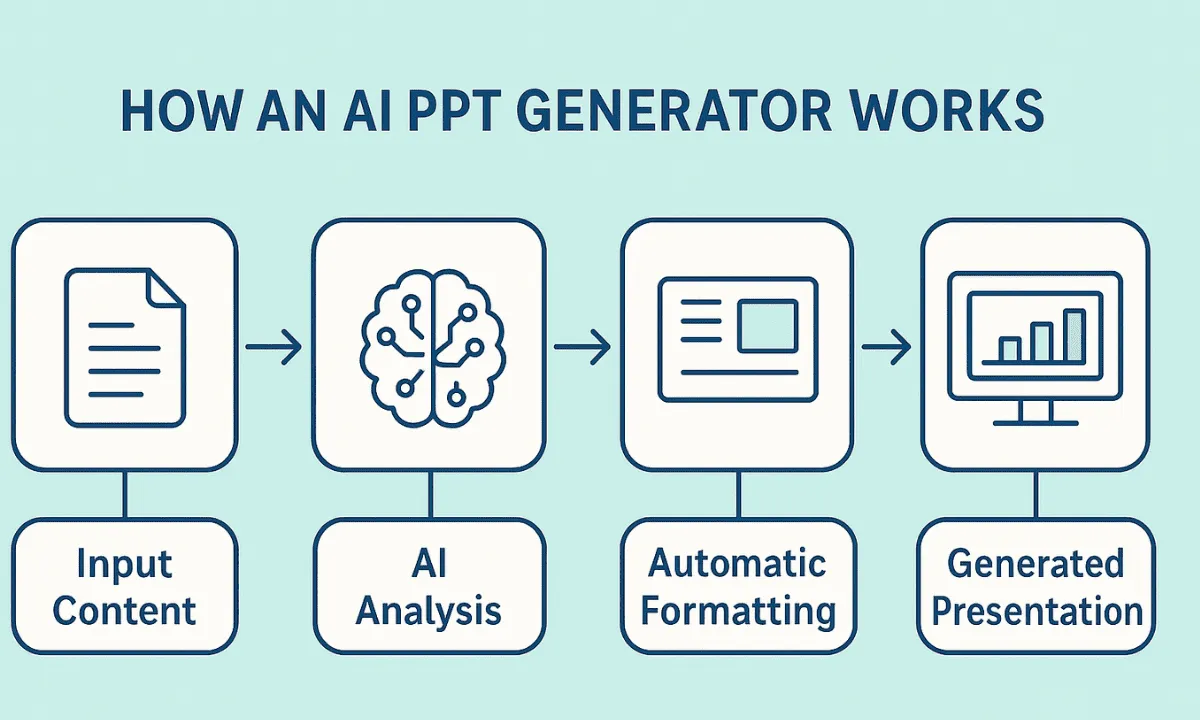 Un diagrama de flujo que muestra cómo funciona un generador de PPT con IA desde la entrada hasta la presentación final