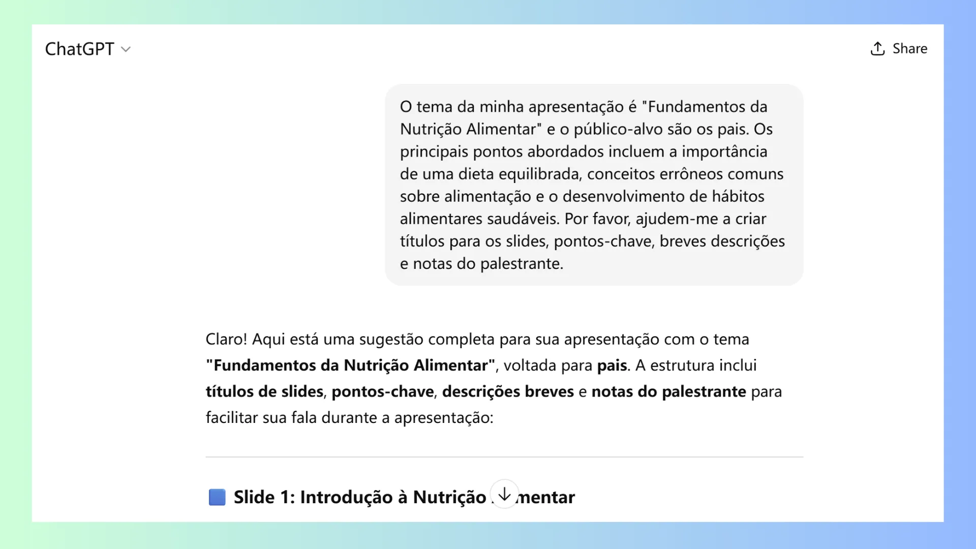 Step 1 of creating a slideshow using ChatPPT and Smallppt