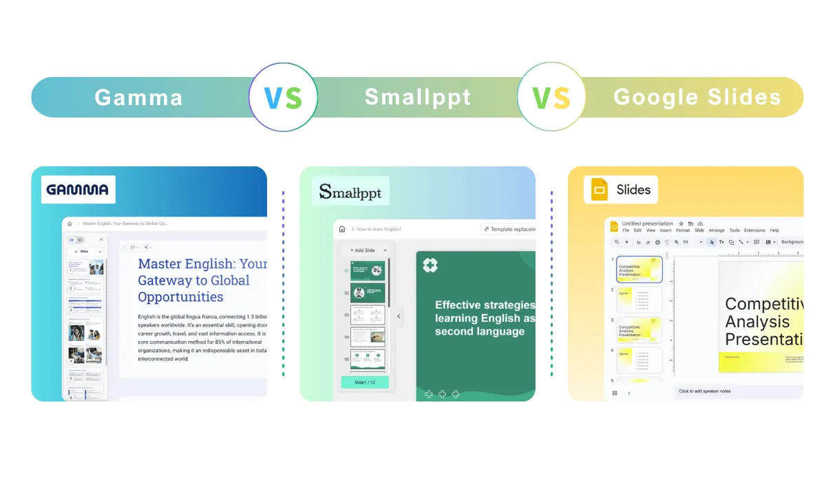 Comparer Gamma, Smallppt et Google Slides.