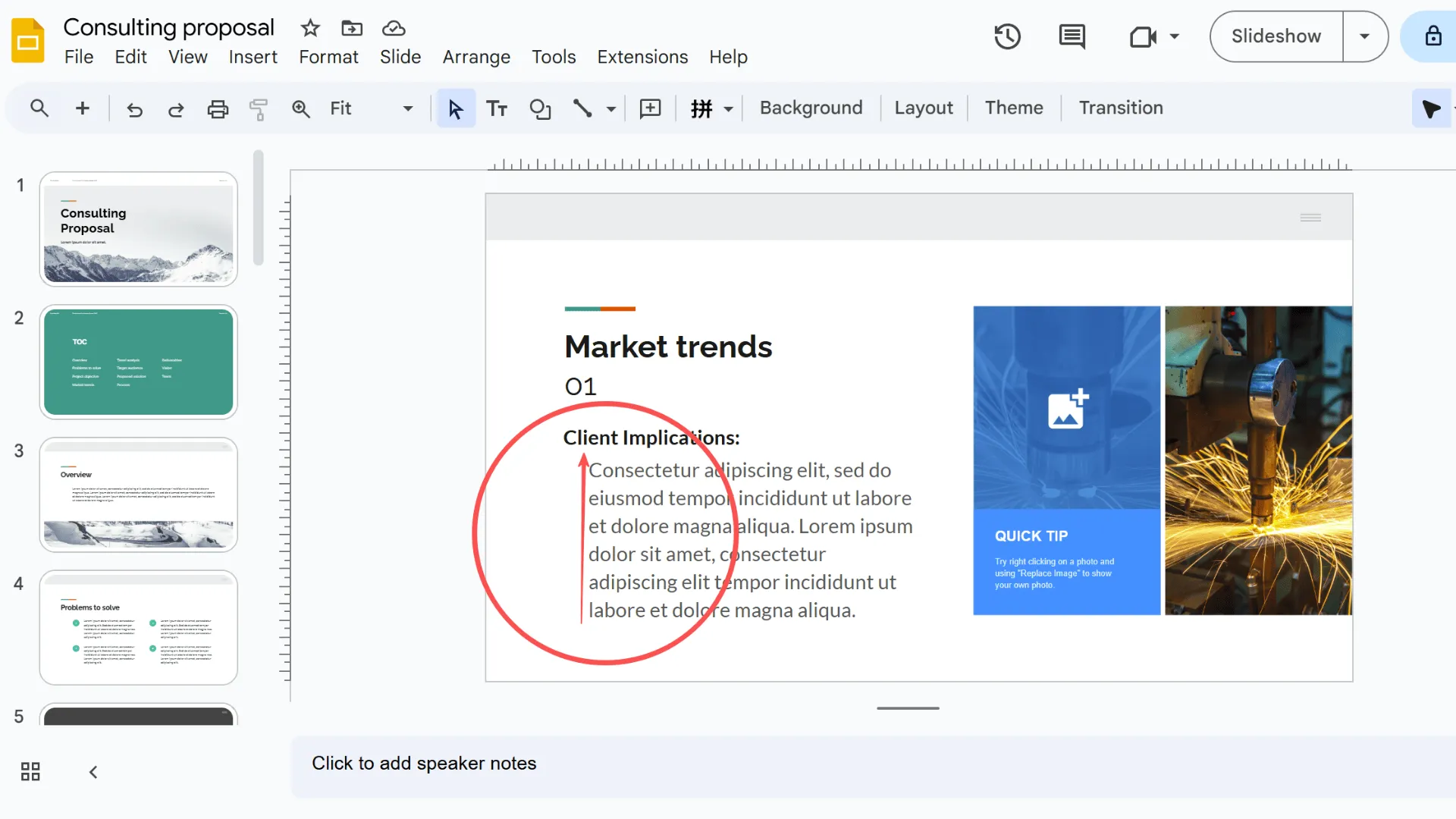 Exemple d'un retrait suspendu dans Google Slides, avec toutes les lignes sauf la première en retrait.