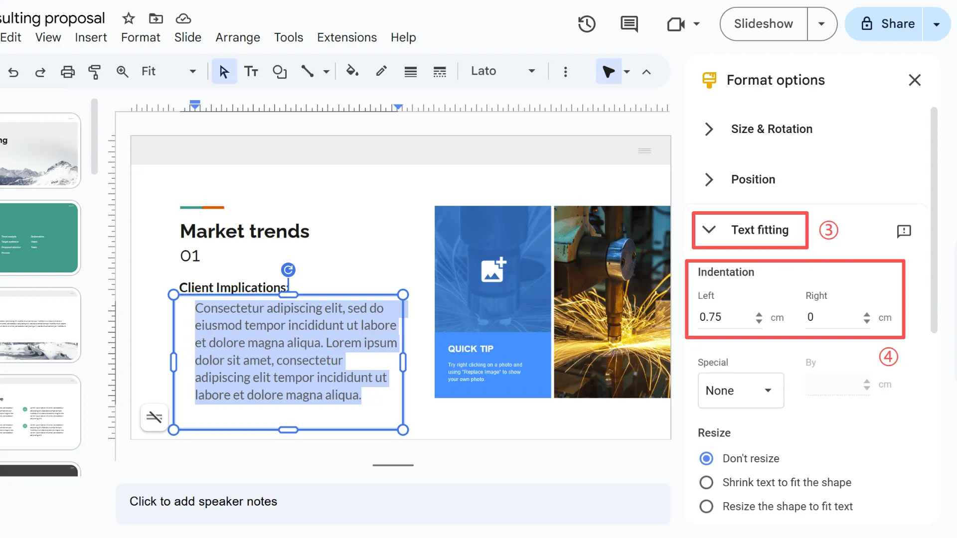 Ajustement de la taille du retrait dans Google Slides par paliers pour un formatage précis du retrait suspendu.