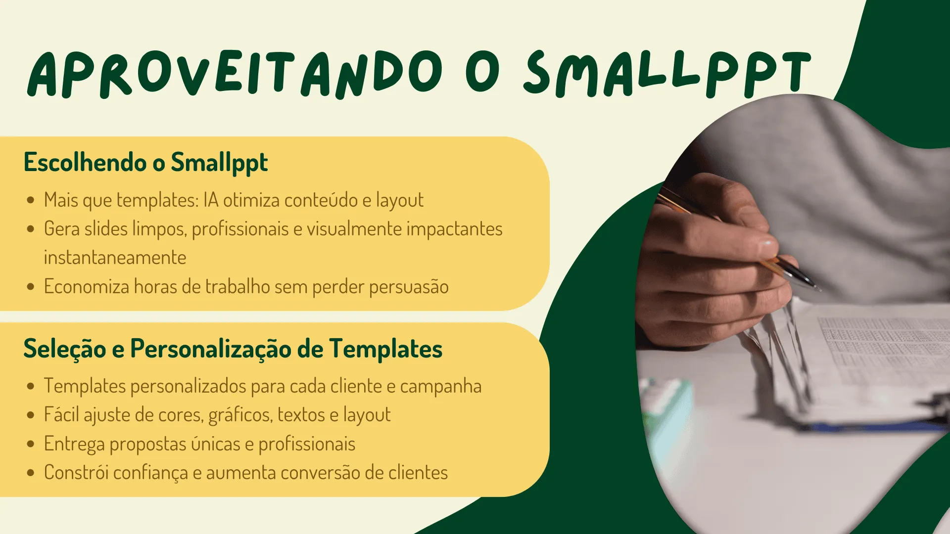 Slides de apresentação bem estruturados com hierarquia clara e fluxo lógico