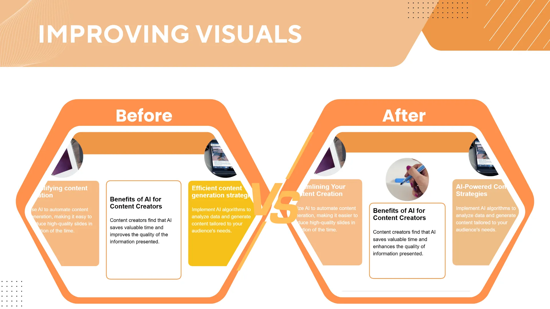 Before and after slide design: low contrast and misaligned graphics vs. improved color, contrast, and layout for better visual engagement.