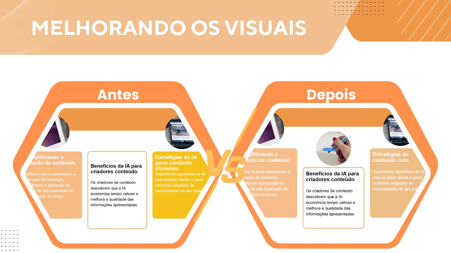 Design de slides antes e depois: baixo contraste e gráficos desalinhados vs. cor, contraste e layout aprimorados para melhor envolvimento visual.