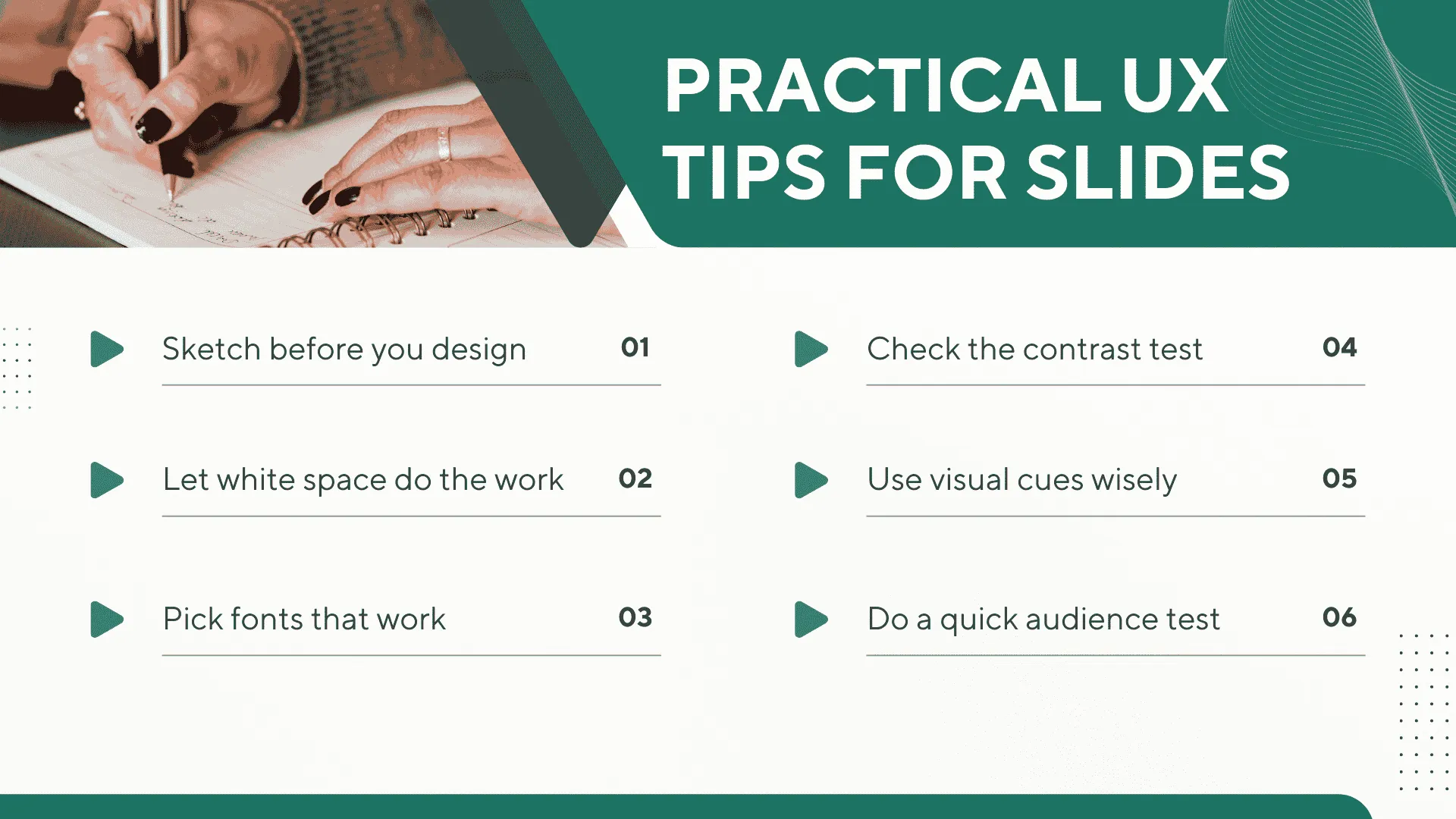 Practical tips for applying UX principles in slide design for clearer and more effective presentations.