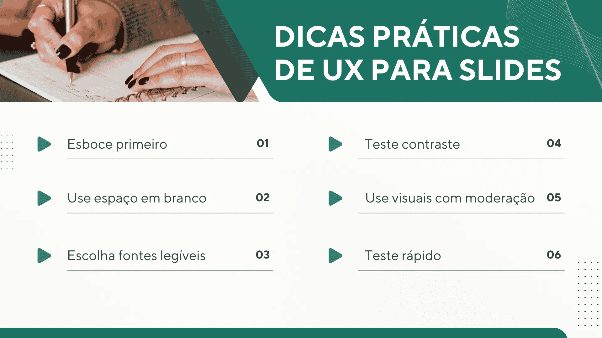 Dicas práticas para aplicar princípios de UX no design de slides para apresentações mais claras e eficazes.