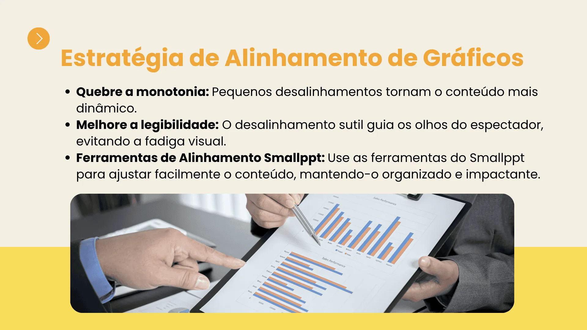 Exemplo de alinhamento de gráfico estratégico em um slide de apresentação para maior clareza de dados.