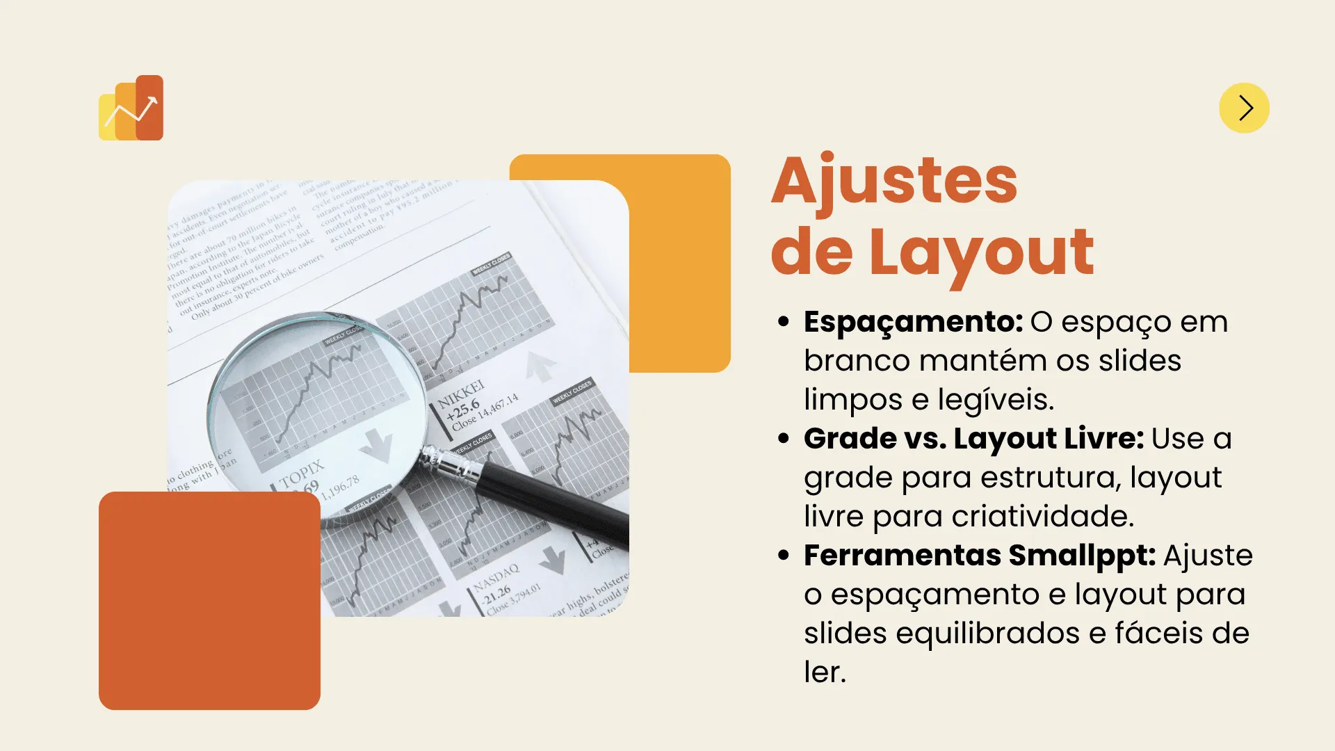 Exemplo de antes e depois mostrando como os microajustes de layout melhoram a legibilidade dos slides.