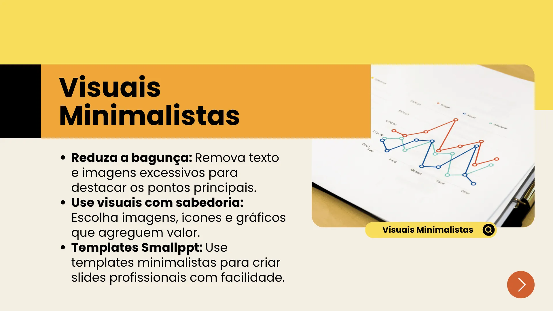 Apresentação de slides minimalista usando recursos visuais fortes e espaços em branco para máximo impacto da mensagem.