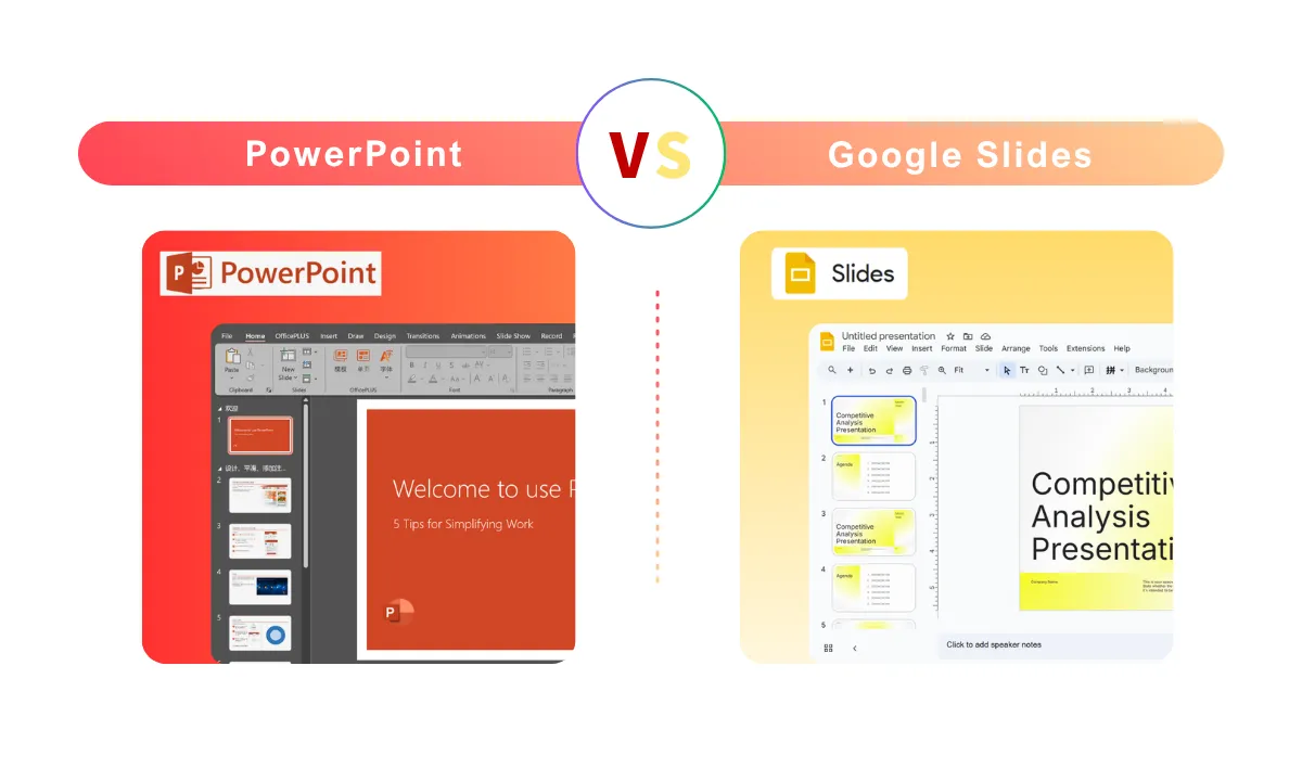 Tableau de comparaison rapide des fonctionnalités, des prix et des outils de collaboration entre Google Slides et PowerPoint.