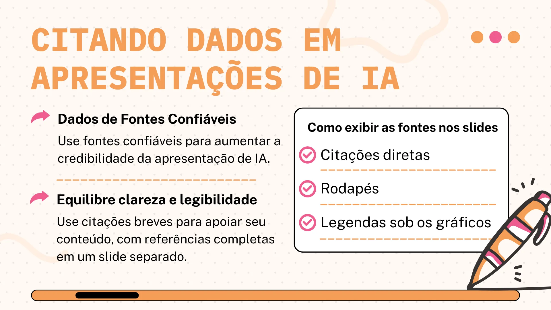 Melhores práticas para citar dados e fontes em apresentações de IA