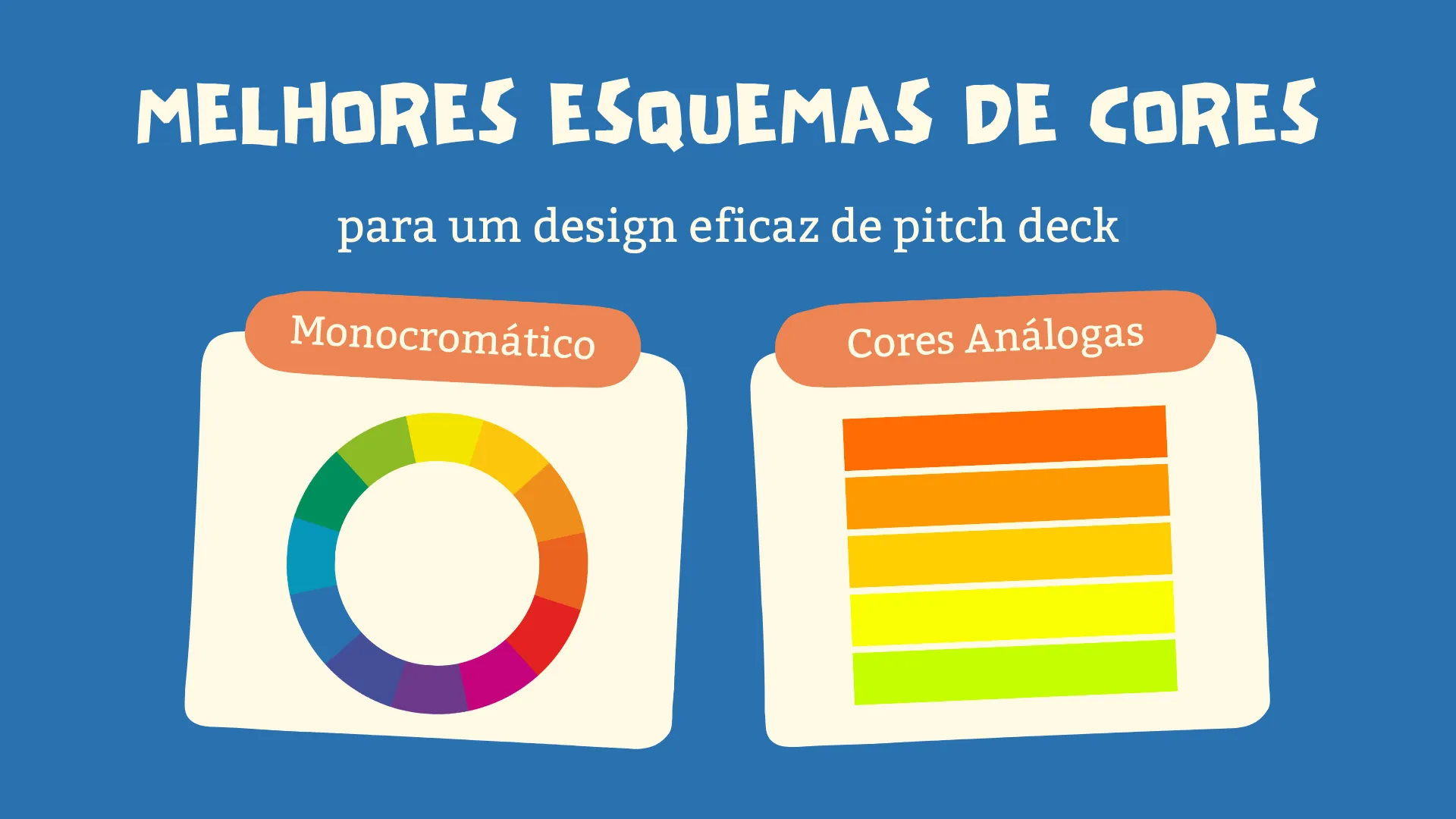 Exemplos de psicologia de cores de pitch deck contrastando esquemas monocromáticos e análogos