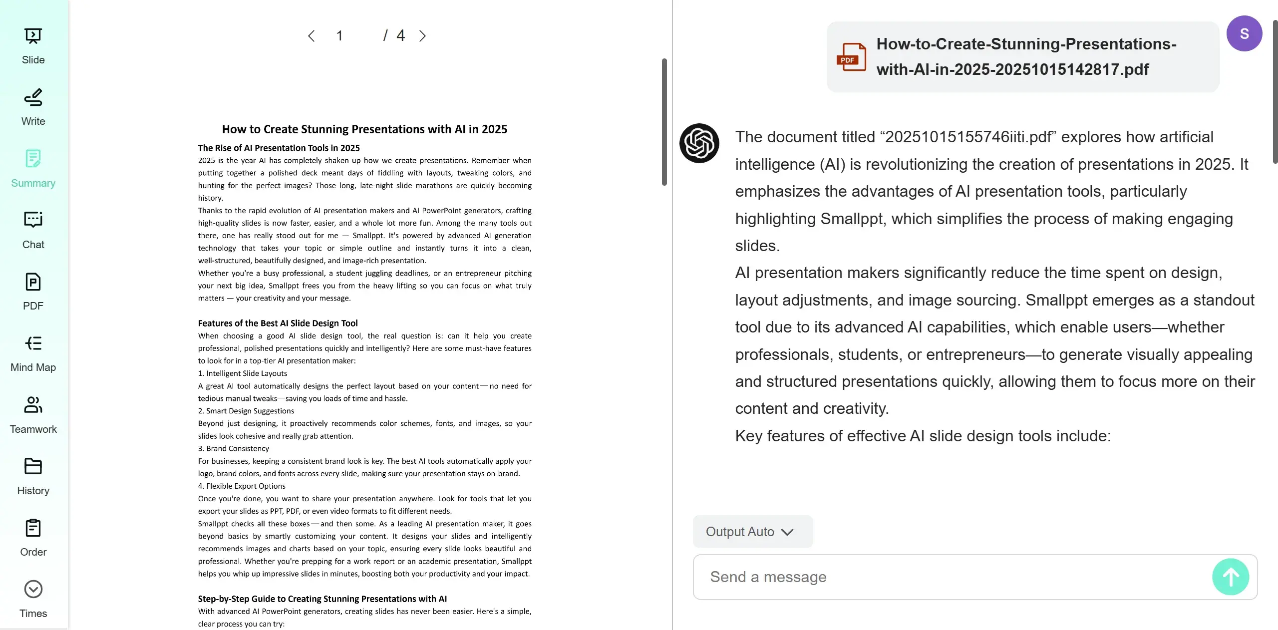 Guía del Paso 4 mostrando cómo el Resumidor de IA de Smallppt genera automáticamente un resumen del PDF subido con vista previa en el lado derecho