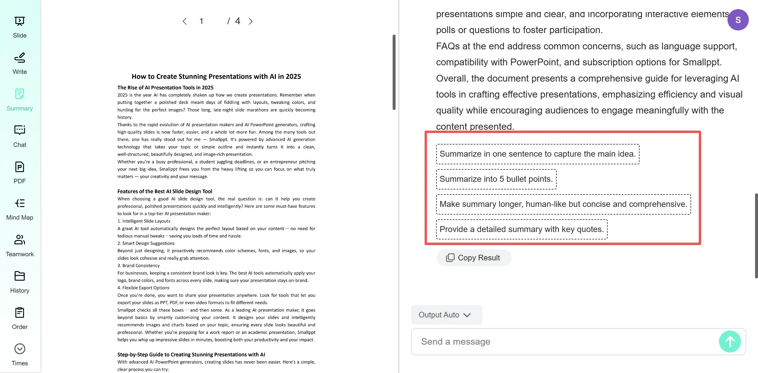 Introduce indicaciones en el Resumidor de IA de Smallppt para obtener información adicional del resumen de PDF