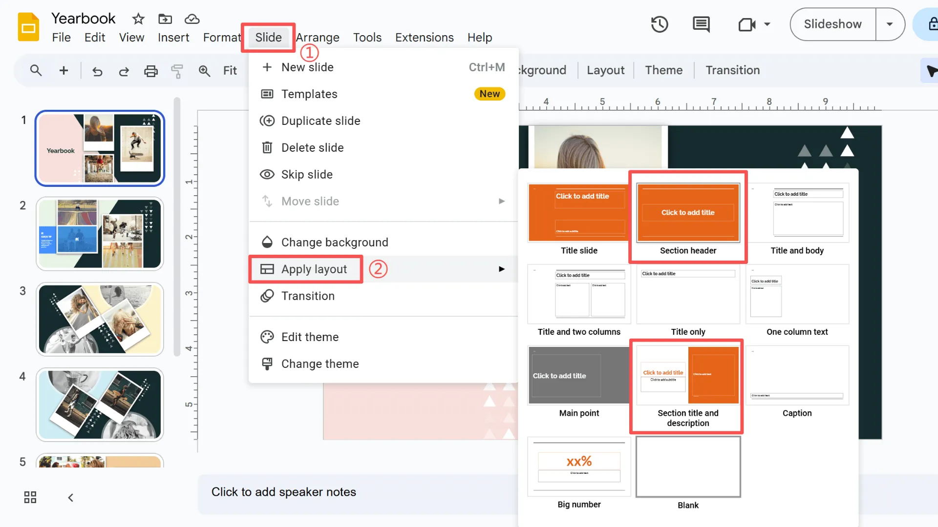 Terapkan tata letak header bagian di Google Slides