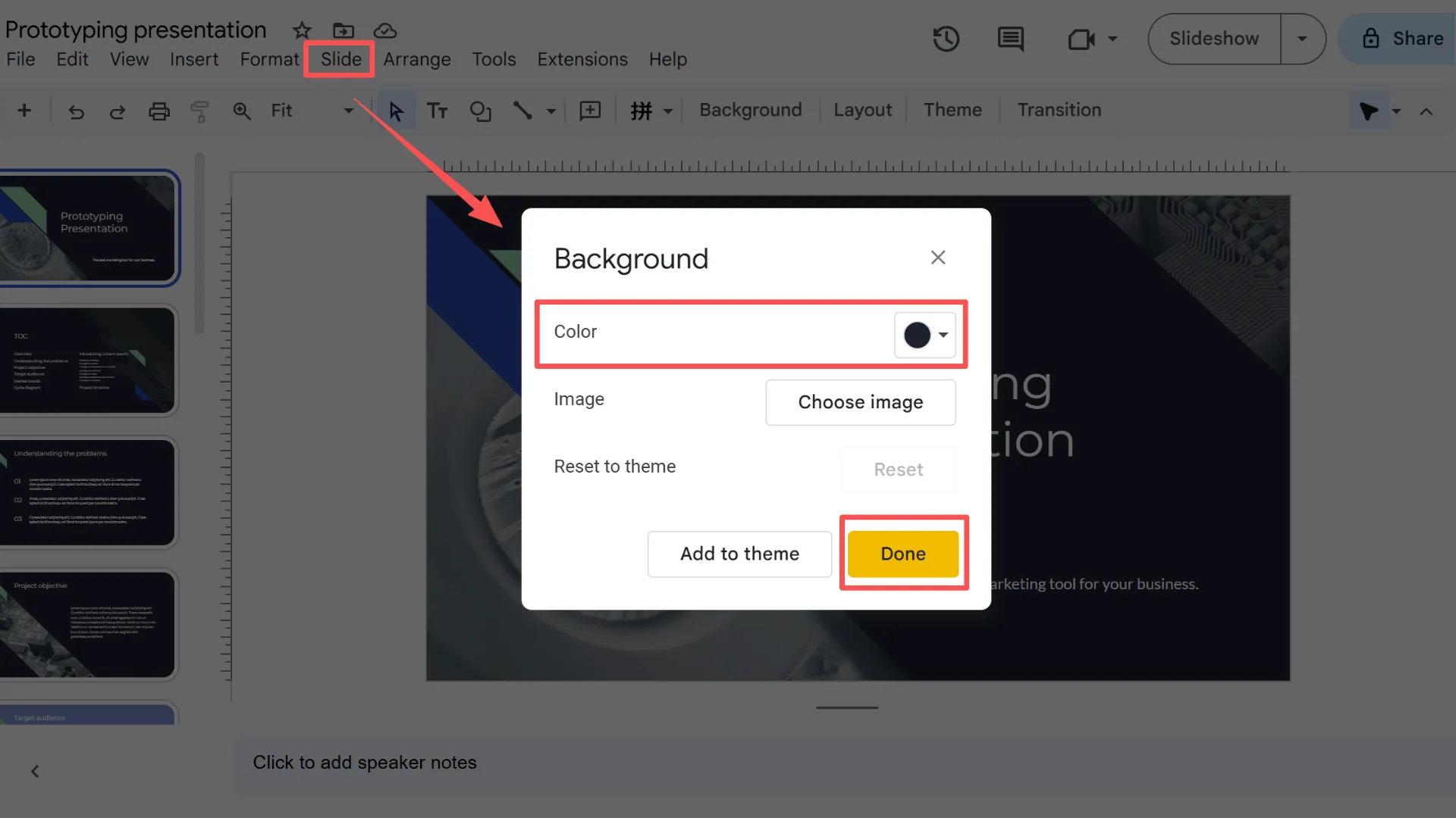 Tambahkan warna latar belakang ke slide di Google Slides