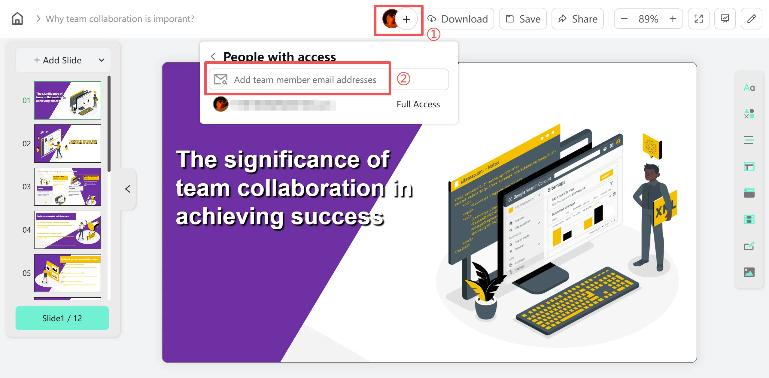 Haz clic en el signo más para agregar un miembro del equipo en Smallppt