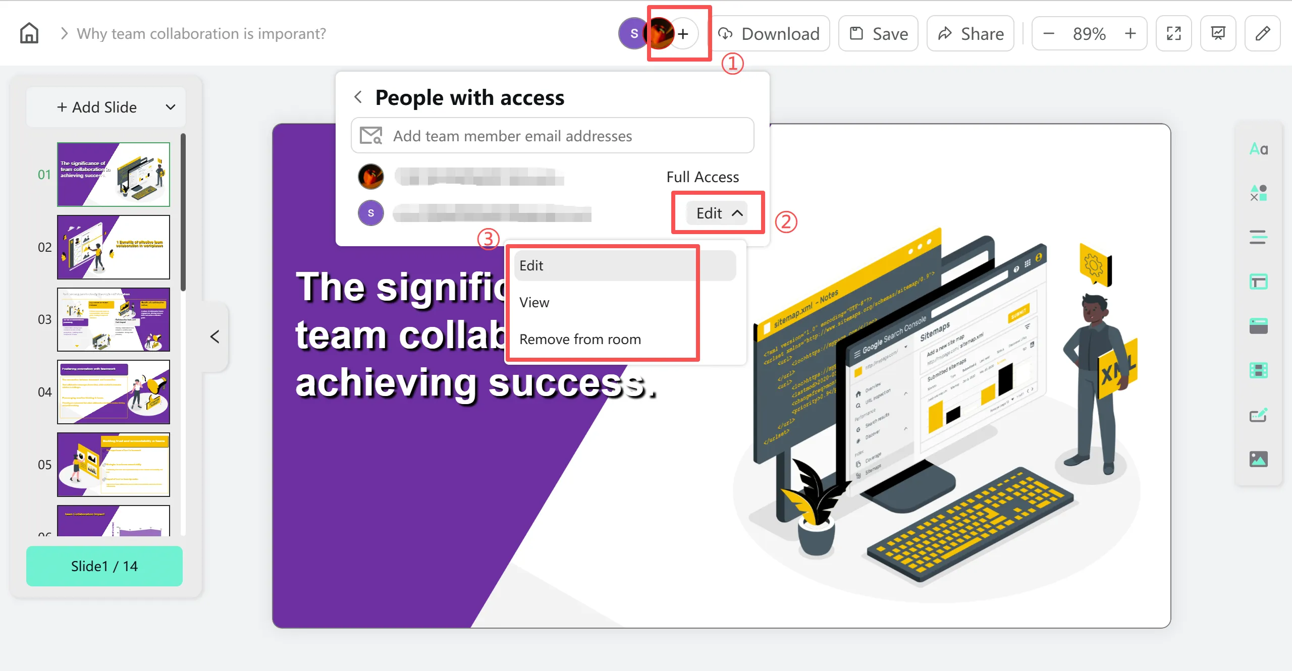 Gestionar permisos de miembros del equipo en Smallppt