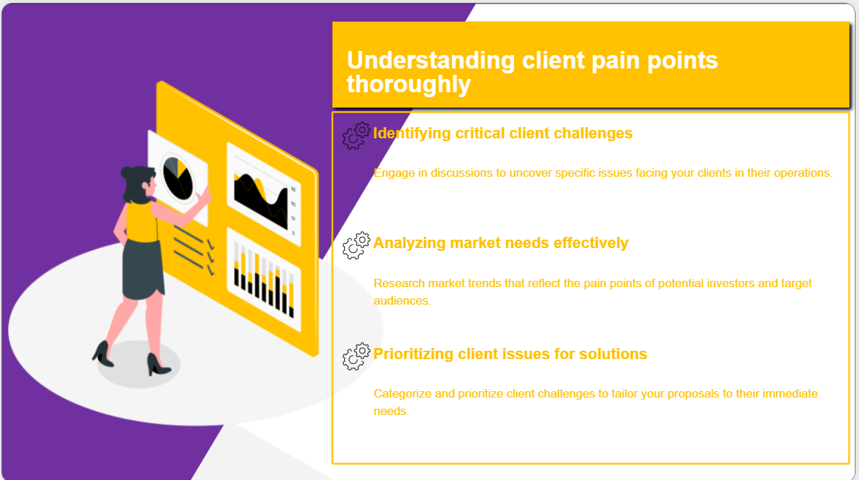 Diapositive Problème : Commencez par aborder le principal défi du client pour montrer que vous comprenez ses besoins.