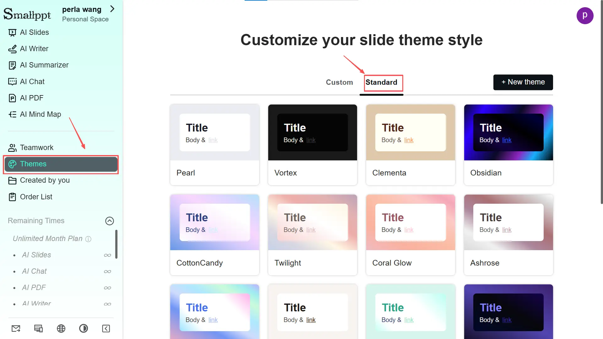 Entre na seção 'Tema', clique em 'Padrão' onde os esquemas de tema pré-projetados estão disponíveis. Escolha um que você goste para começar a personalização.