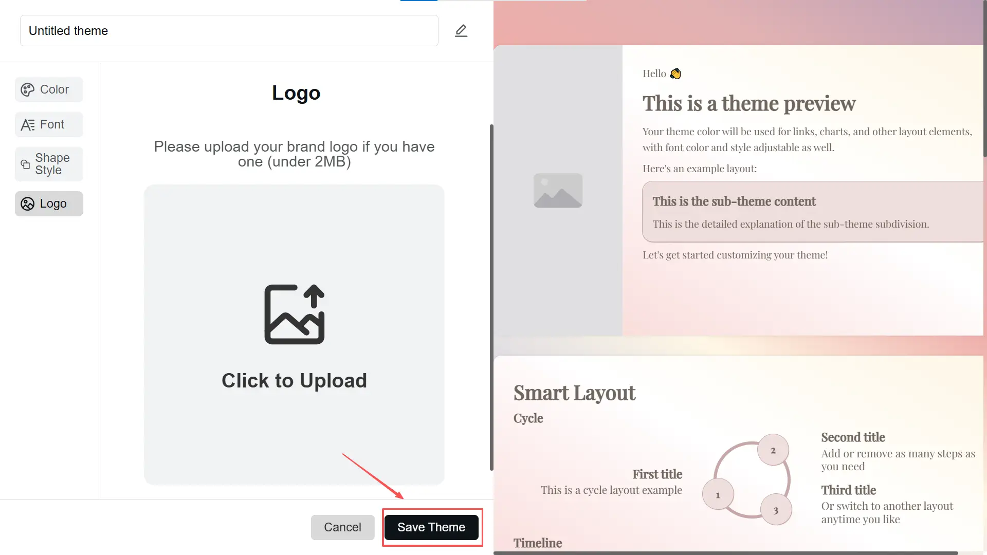 Clique em 'Salvar Tema' para aplicar e armazenar suas alterações.