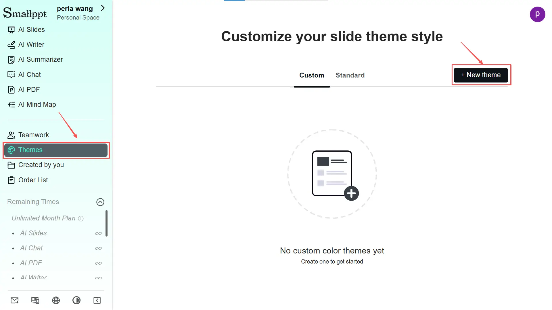 Abra a seção 'Tema', clique no botão '+ Novo Tema' no canto superior direito.