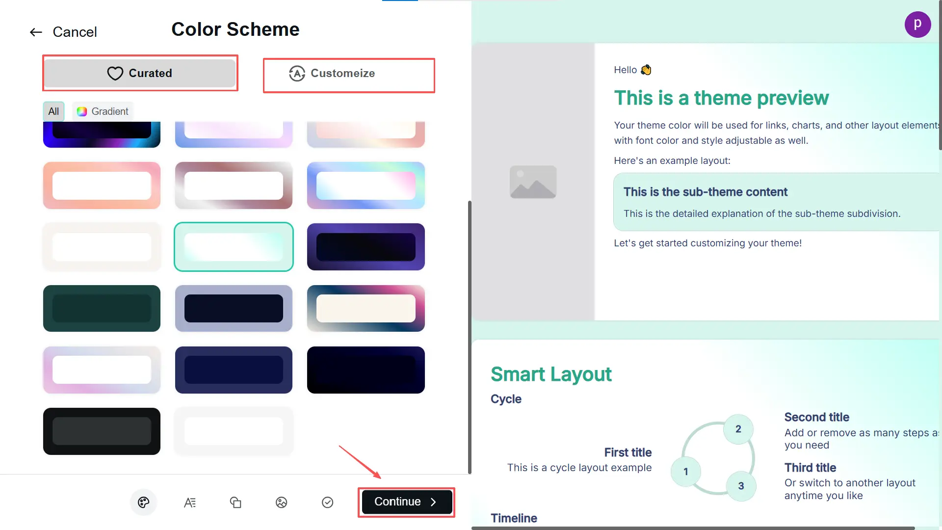 Escolha paletas de cores pré-definidas na seção 'Curadas' ou personalize-as em 'Personalizar'.