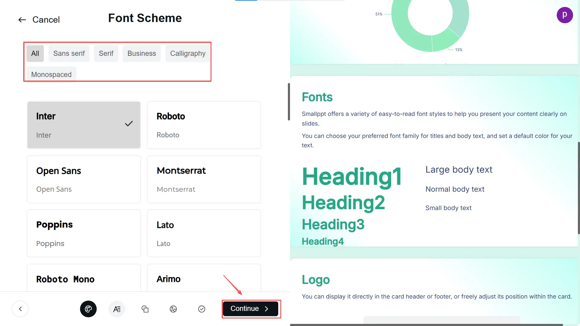 Conjunto de Fontes: Selecione uma combinação de fontes que combine com o tom e a imagem da sua apresentação.