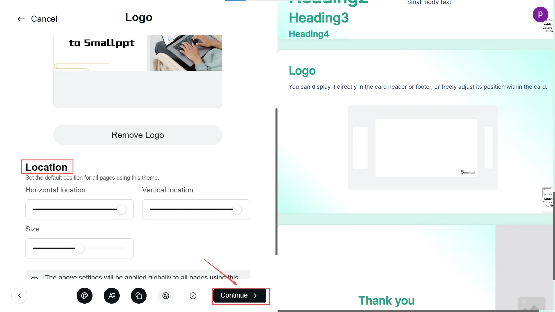 Ajuste seu tamanho e posição definindo a localização horizontal, localização vertical e tamanho.