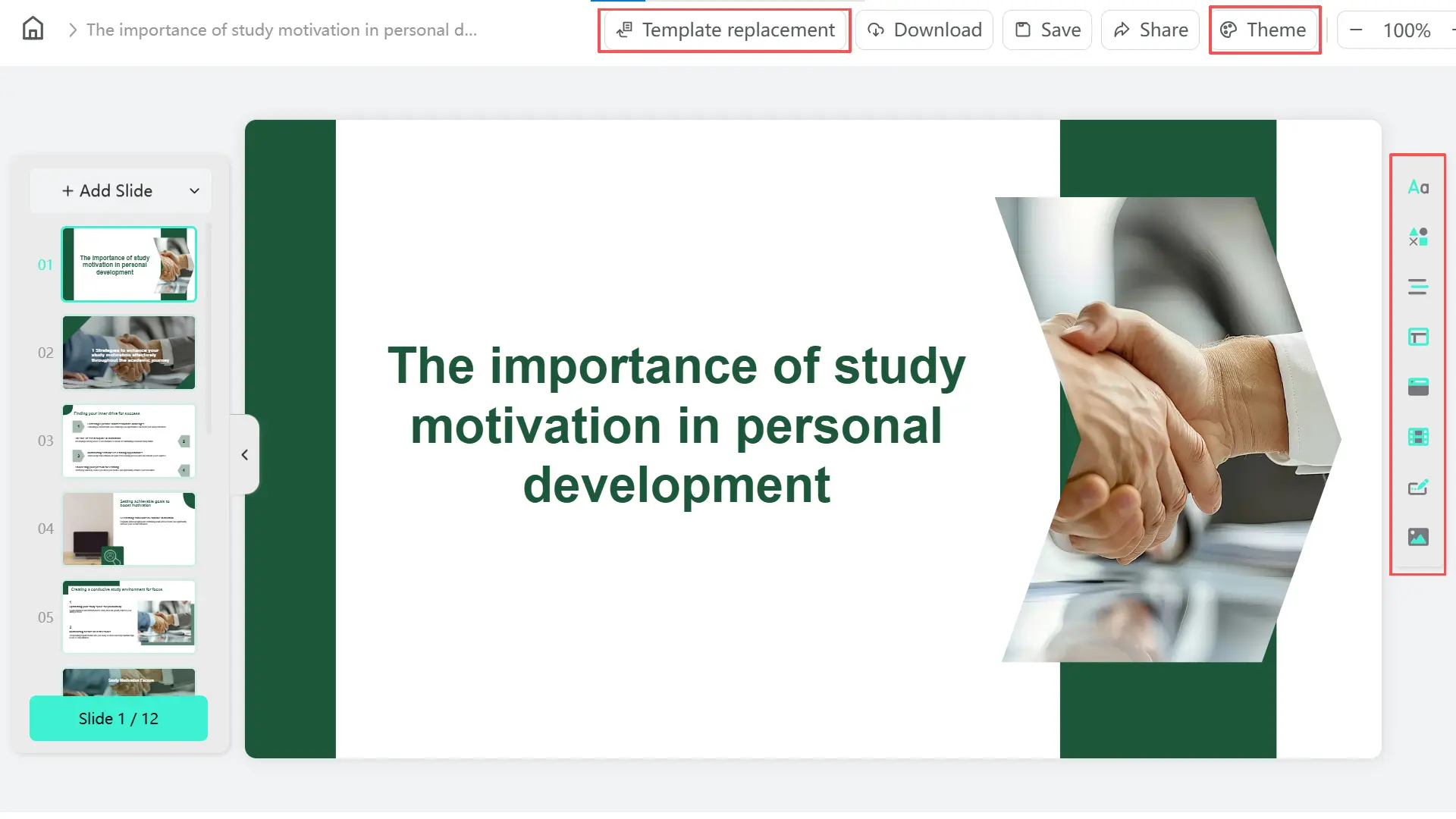 Você pode clicar em 'Substituição de Modelo' para mudá-lo, ou clicar em 'Tema' para aplicar o tema que você criou aos slides gerados. Você pode ajustar ainda mais seus slides usando os ícones na tela.