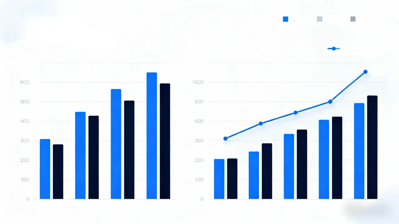 Gráficos de barras para comparar el rendimiento de cada trimestre; gráficos de líneas para mostrar tendencias de crecimiento.