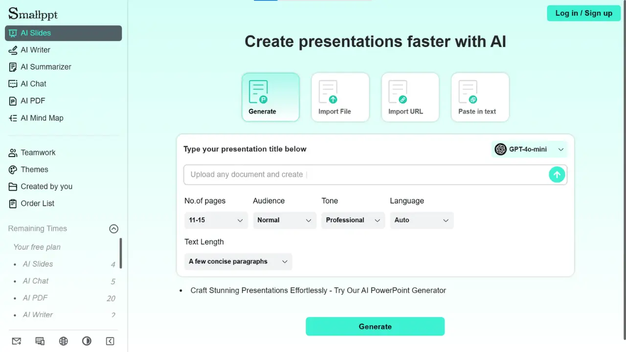 Esta imagen muestra la interfaz de creación de presentaciones de Smallppt.