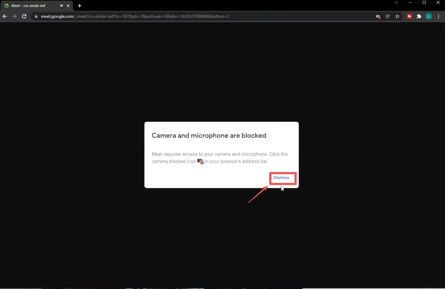 Langkah 3: Setelah memilih, kotak dialog akan muncul mengingatkan Anda tentang pengaturan kamera dan mikrofon Meet. Klik "Tutup."