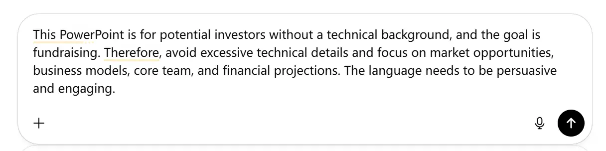 Prompt Bom: Este PowerPoint é para investidores potenciais sem formação técnica, e o objetivo é captação de recursos.