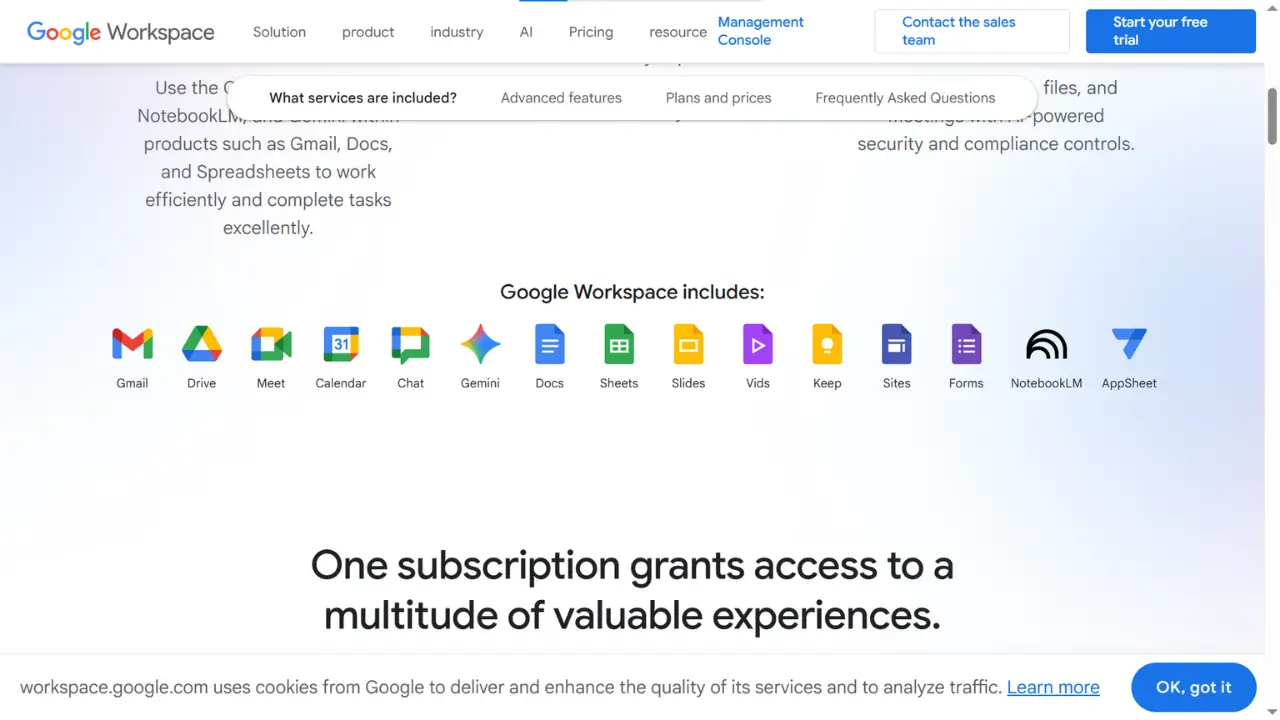 Interface do usuário do Google Workspace.