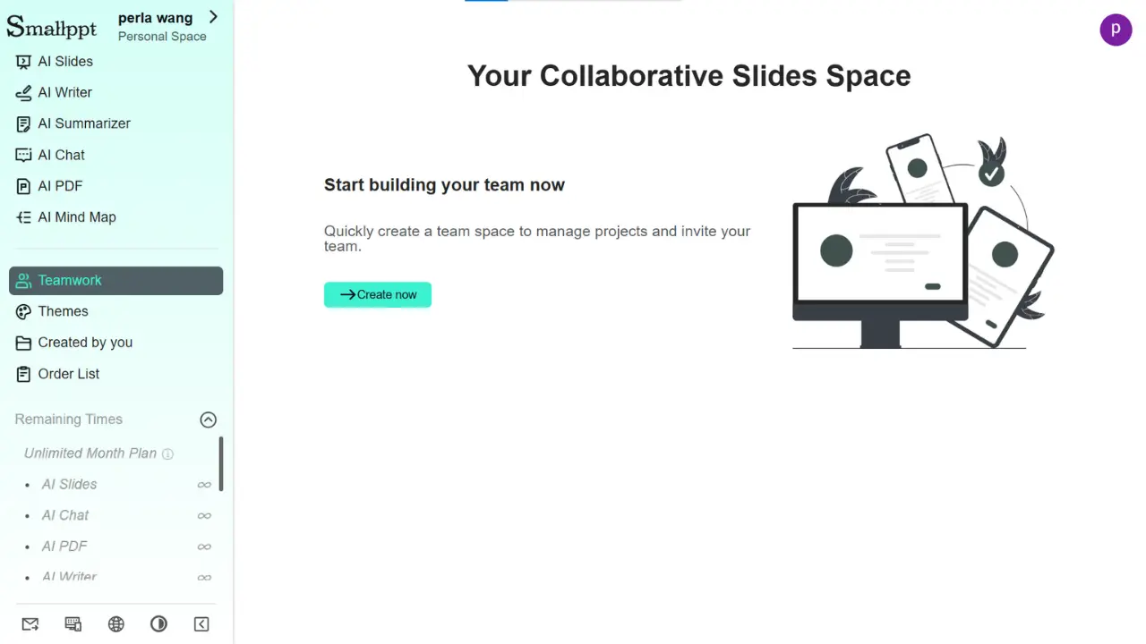 A página de operação da função de trabalho em equipe no Smallppt.