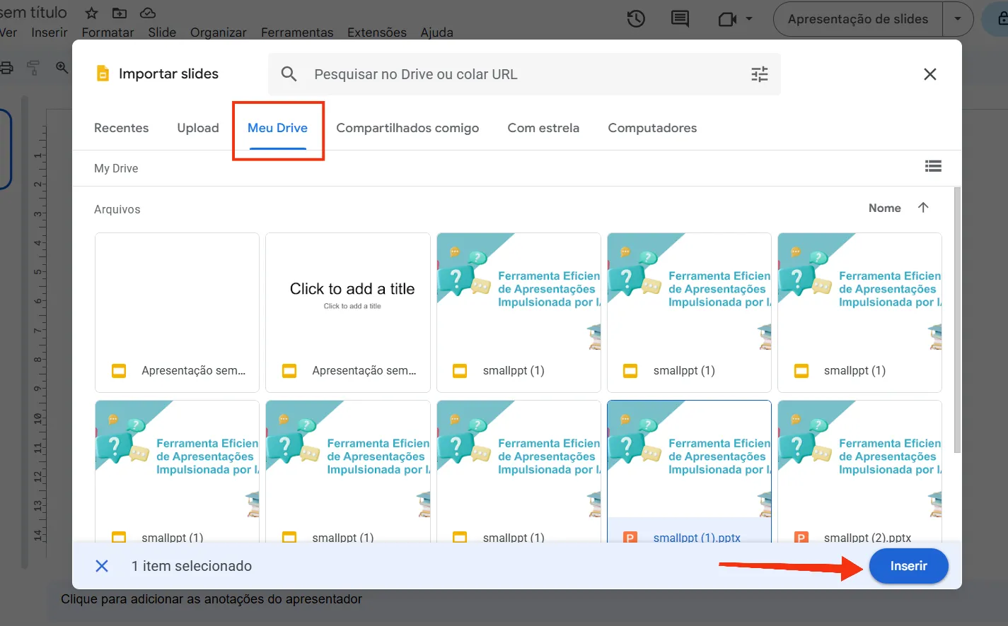 Etapa de selecionar arquivos no "Meu Drive" ao importar slides no Google Slides