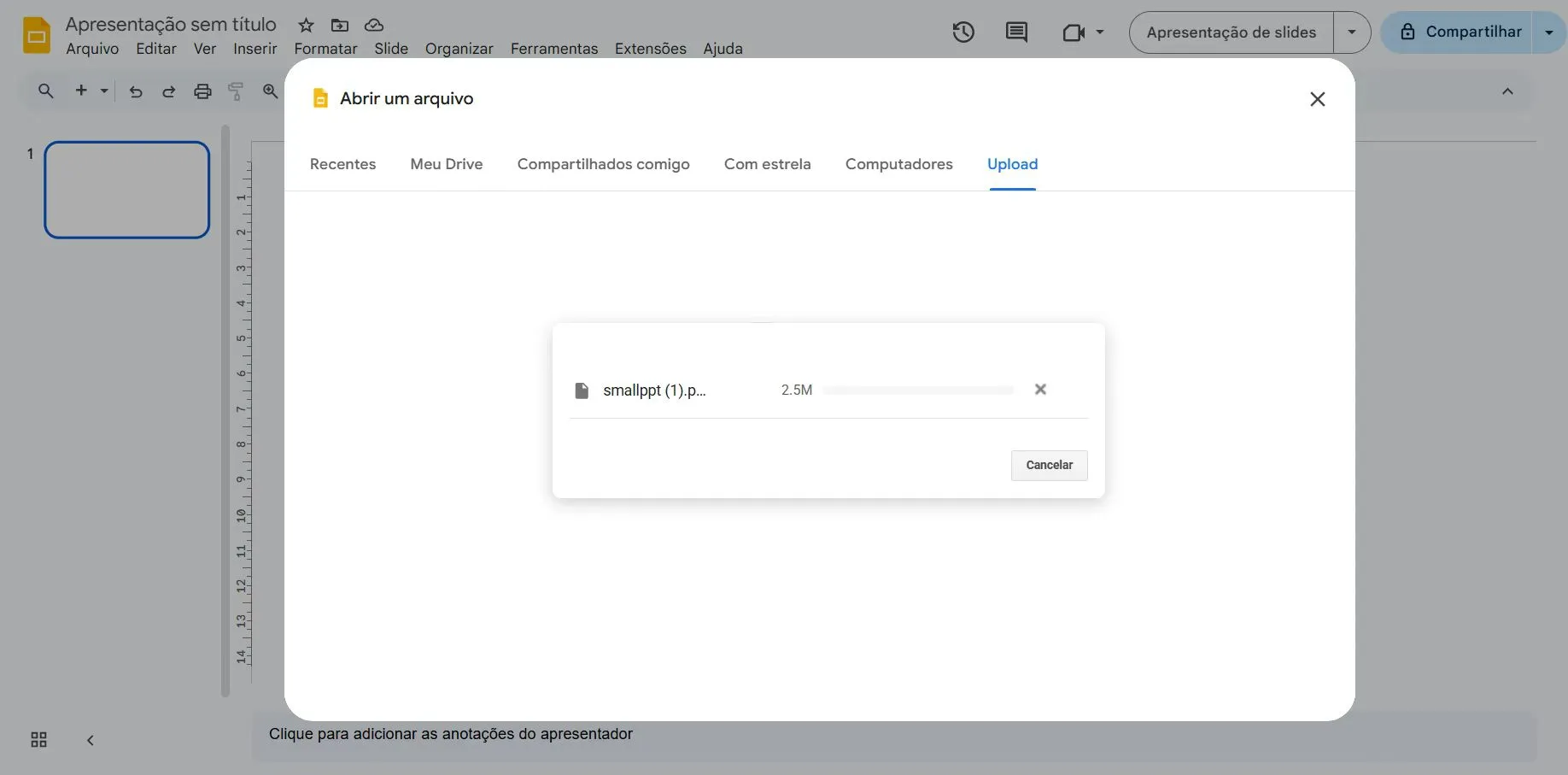 Processo de upload de arquivo PowerPoint no Google Slides para conversão de formato
