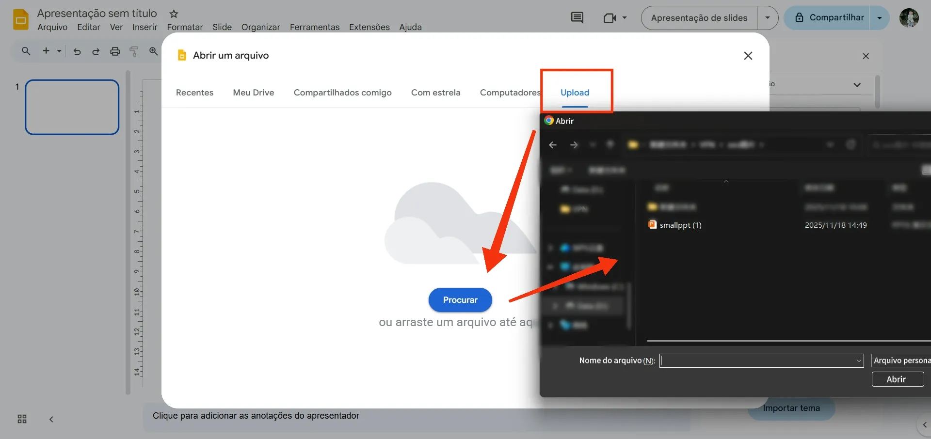 Operação de selecionar arquivo PowerPoint local na interface de upload do Google Slides