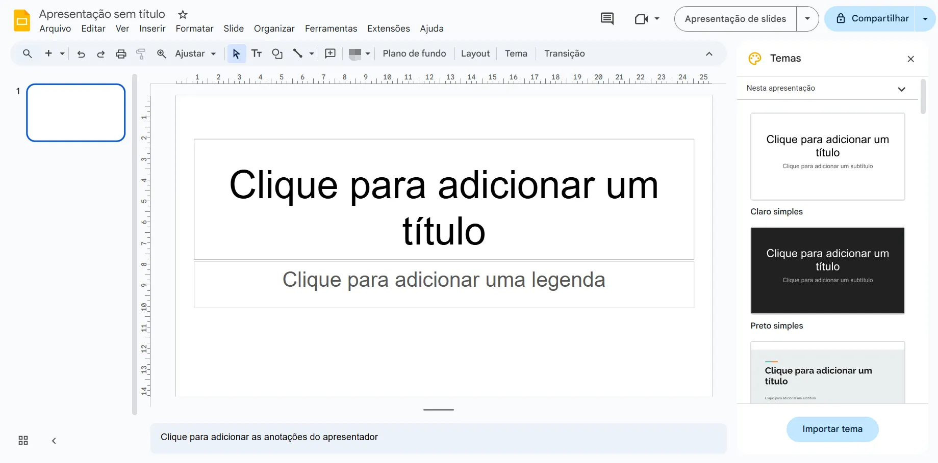 Interface de seleção de temas no Google Slides, para escolher ou importar temas de apresentação