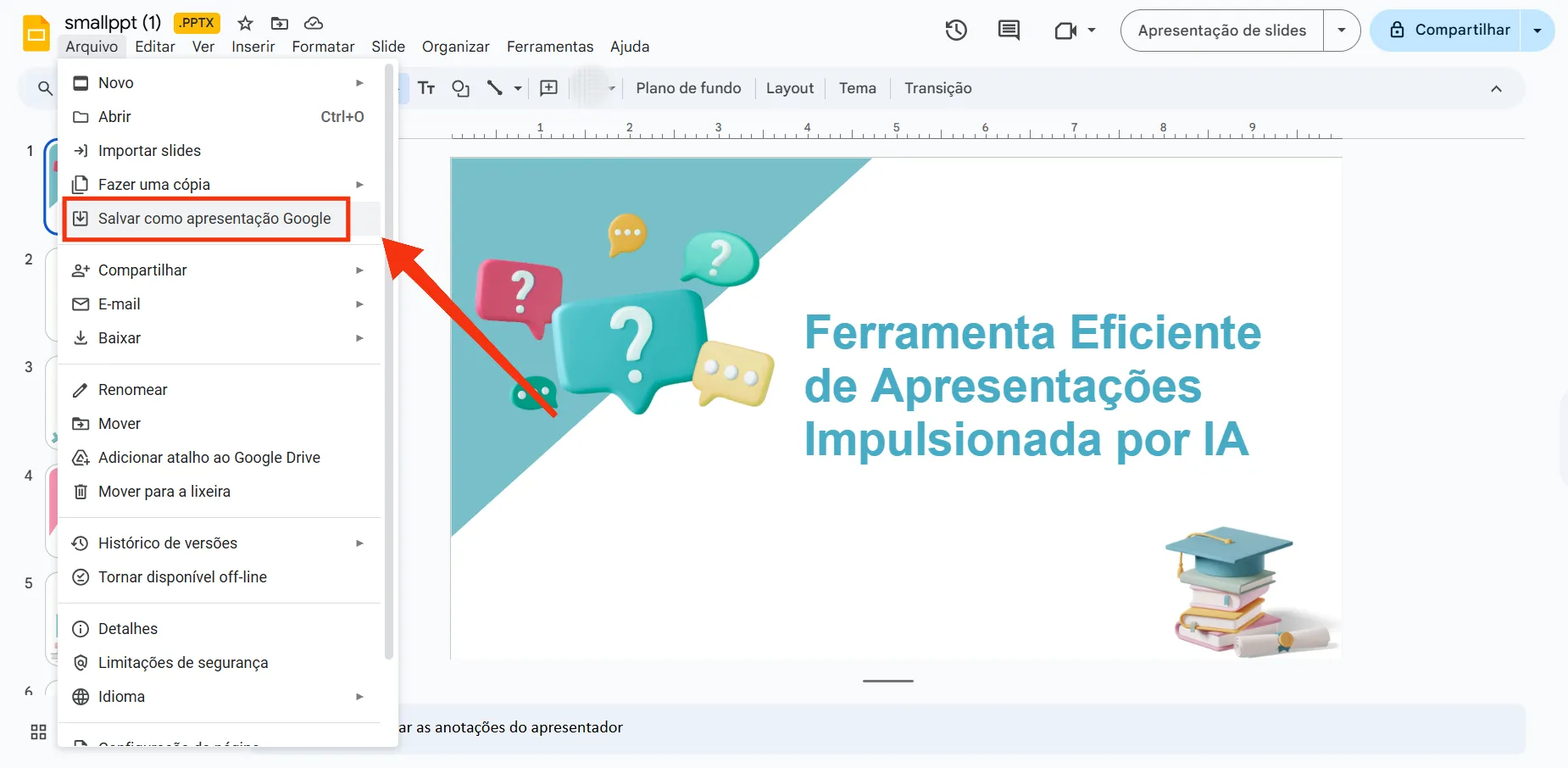 Etapa de clicar em "Salvar como apresentação Google" no Google Slides