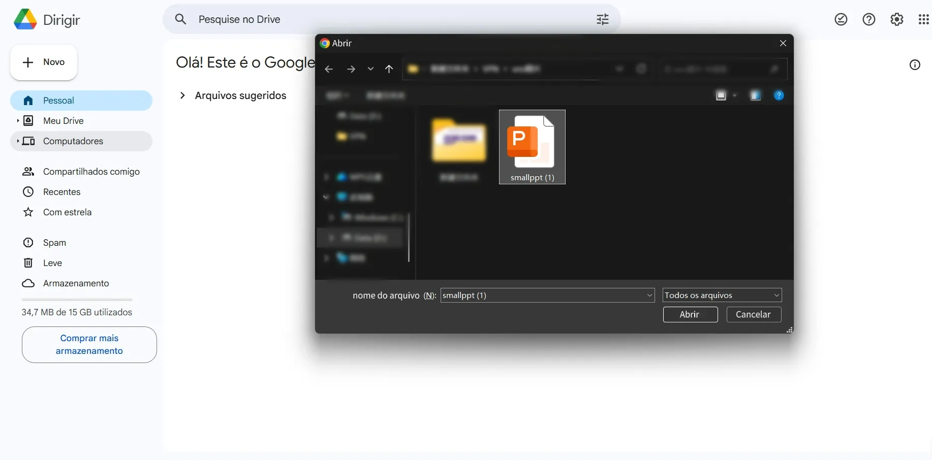 Etapa de selecionar o arquivo PowerPoint para upload no Google Drive