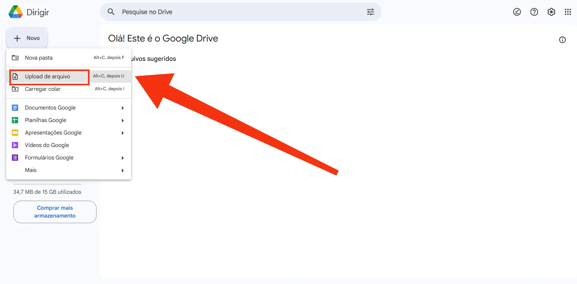 Operação de selecionar a opção "Upload de arquivo" no Google Drive