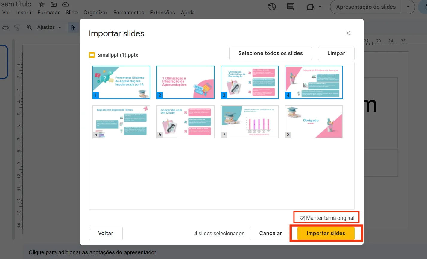 Etapa de selecionar slides específicos e manter o tema original ao importar slides no Google Slides