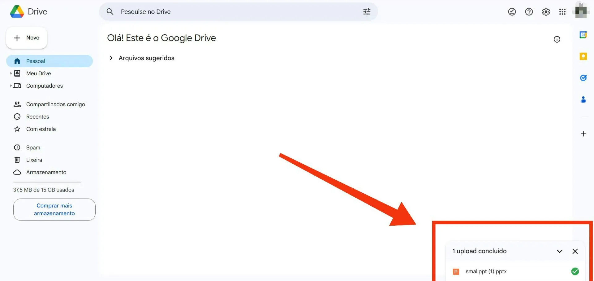 Interface de aviso de upload concluído do arquivo PowerPoint no Google Drive