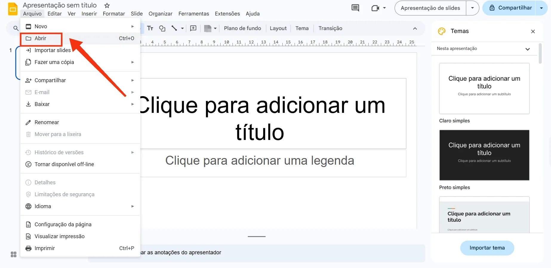 Explicação da entrada de operação "Abrir" arquivo no Google Slides