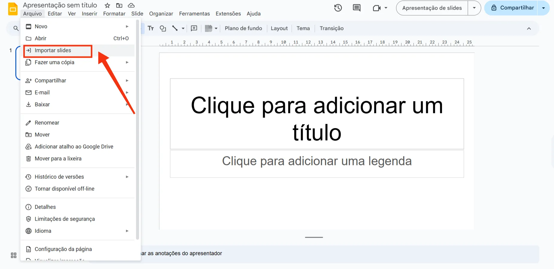 Guia da entrada de operação "Importar slides" no Google Slides