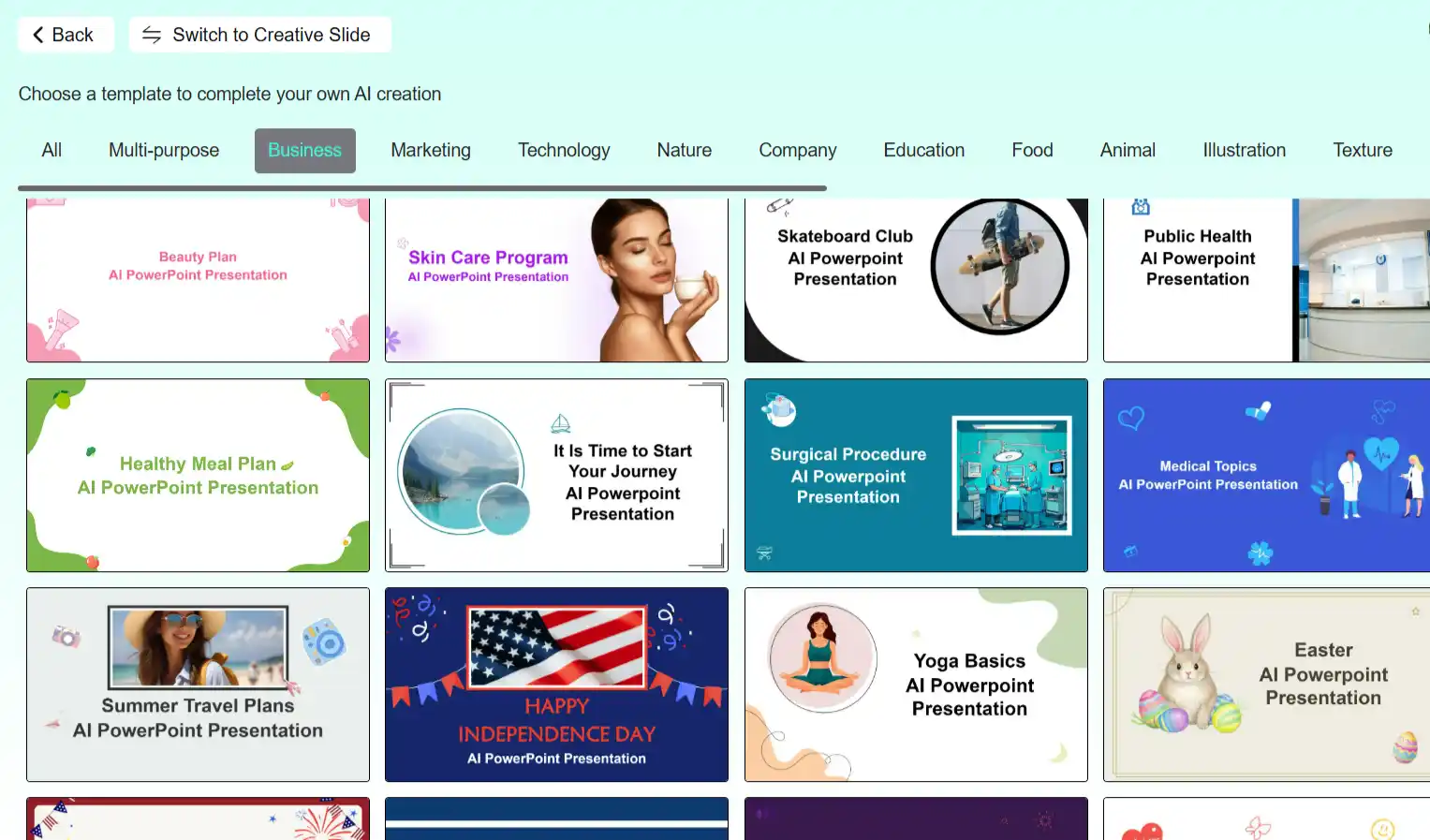 Zeigt die Schnittstelle zur Auswahl von Geschäftsvorlagen von Smallppt